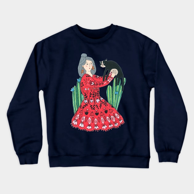 Girl, Cat and Cactuses Crewneck Sweatshirt by DoodlesAndStuff